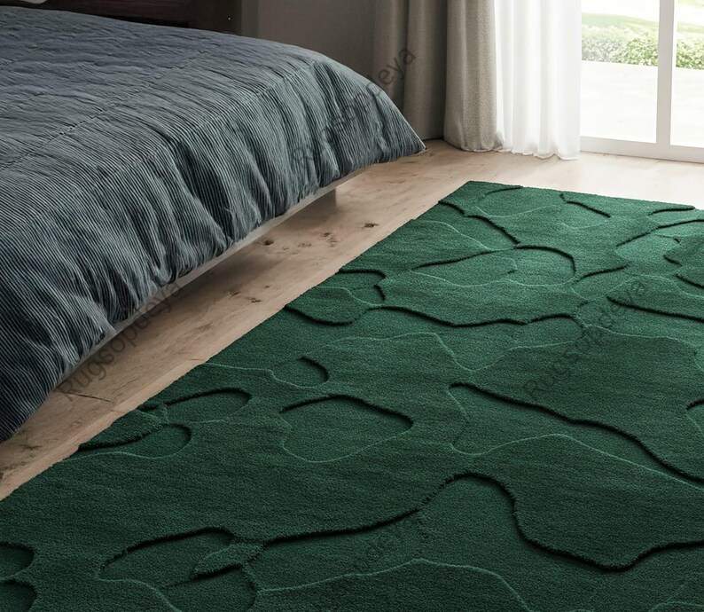 Dark Green Rectangular Rug Dark Green Abstract Wool Rug, Hand Tufted Textured Modern Area Rugs for ...