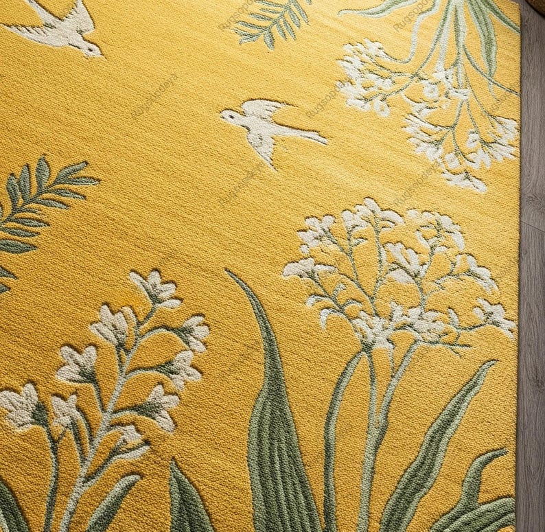 Yellow Green Botanical Wool Rug, Hand Tufted Floral Bird Rugs for ...
