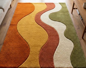 Handgetuft wollen vloerkleed, mosterdgeel roestoranje golvend abstract woonkamertapijt