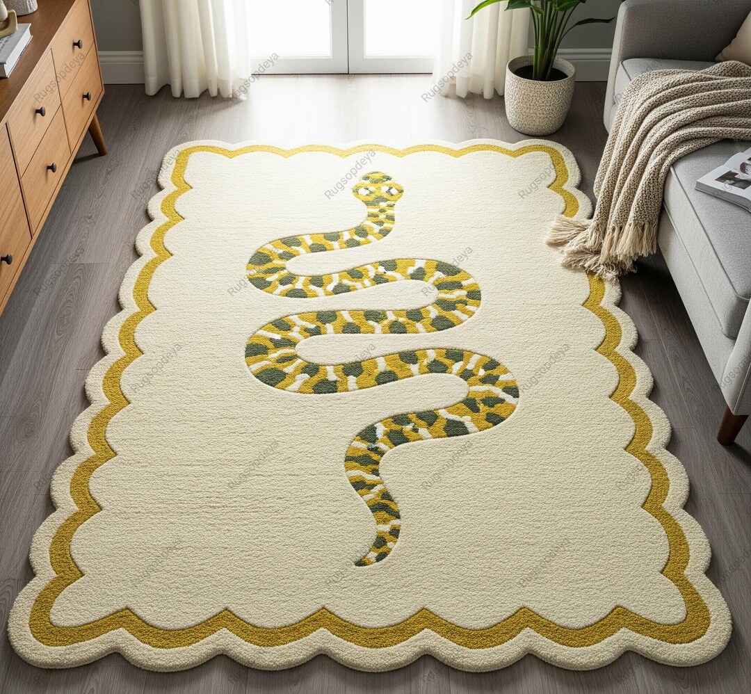 Off White Green Snake Hand Tufted Rug, Custom Wool Area Rugs for Living ...