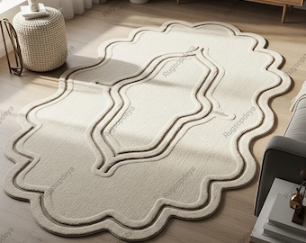 Off White Irregular Wool Rug, Hand Tufted Wavy Abstract Area Rugs