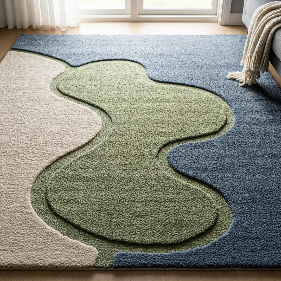 Green Blue Abstract Wool Rug, Hand Tufted Minimalist Modern Area Rugs ...