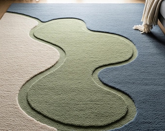 Alfombra de lana abstracta verde y azul, moderna y minimalista, hecha a mano, para dormitorio.