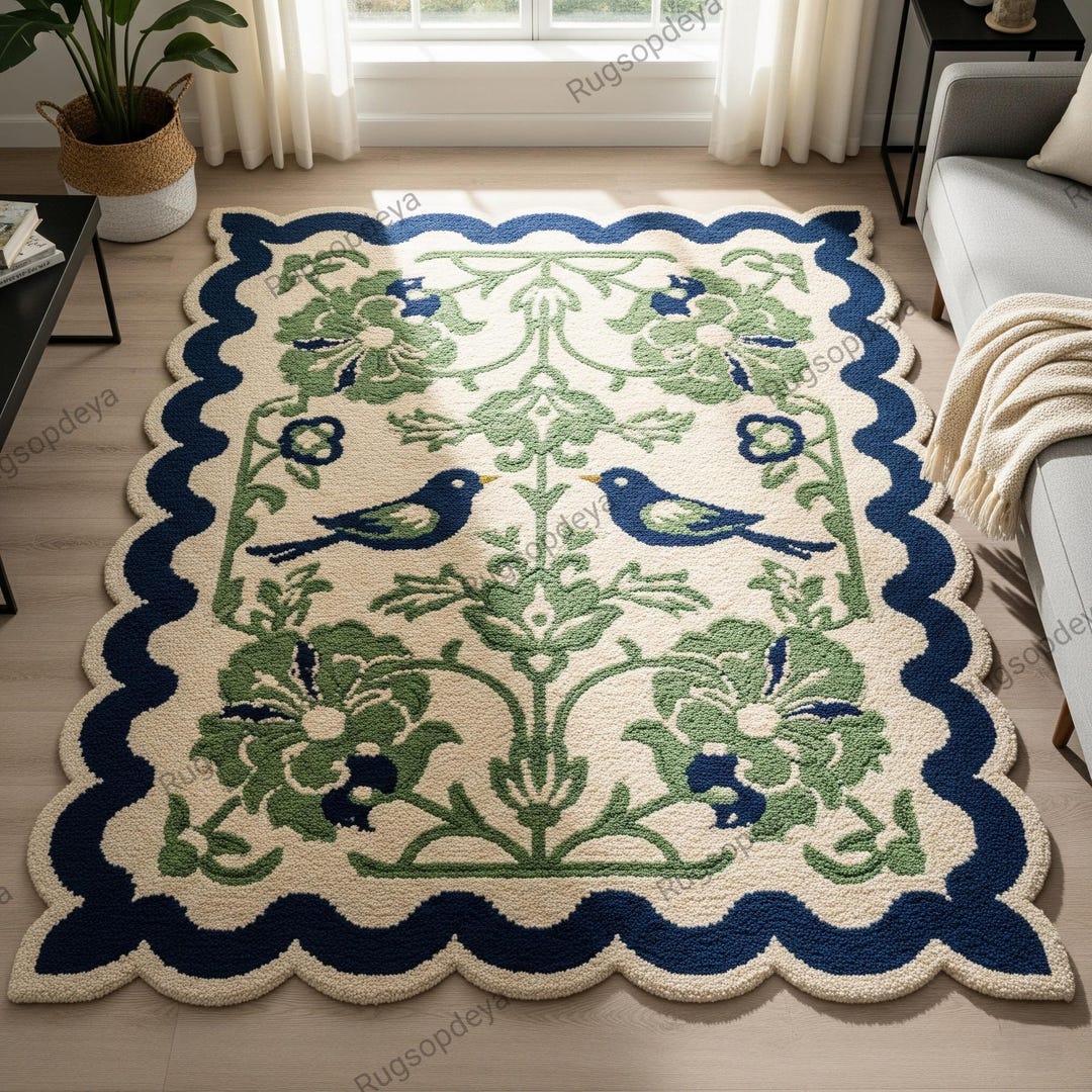 Ivory Green Floral Hand Tufted Wool Rug, Blue Scalloped Bird Design ...