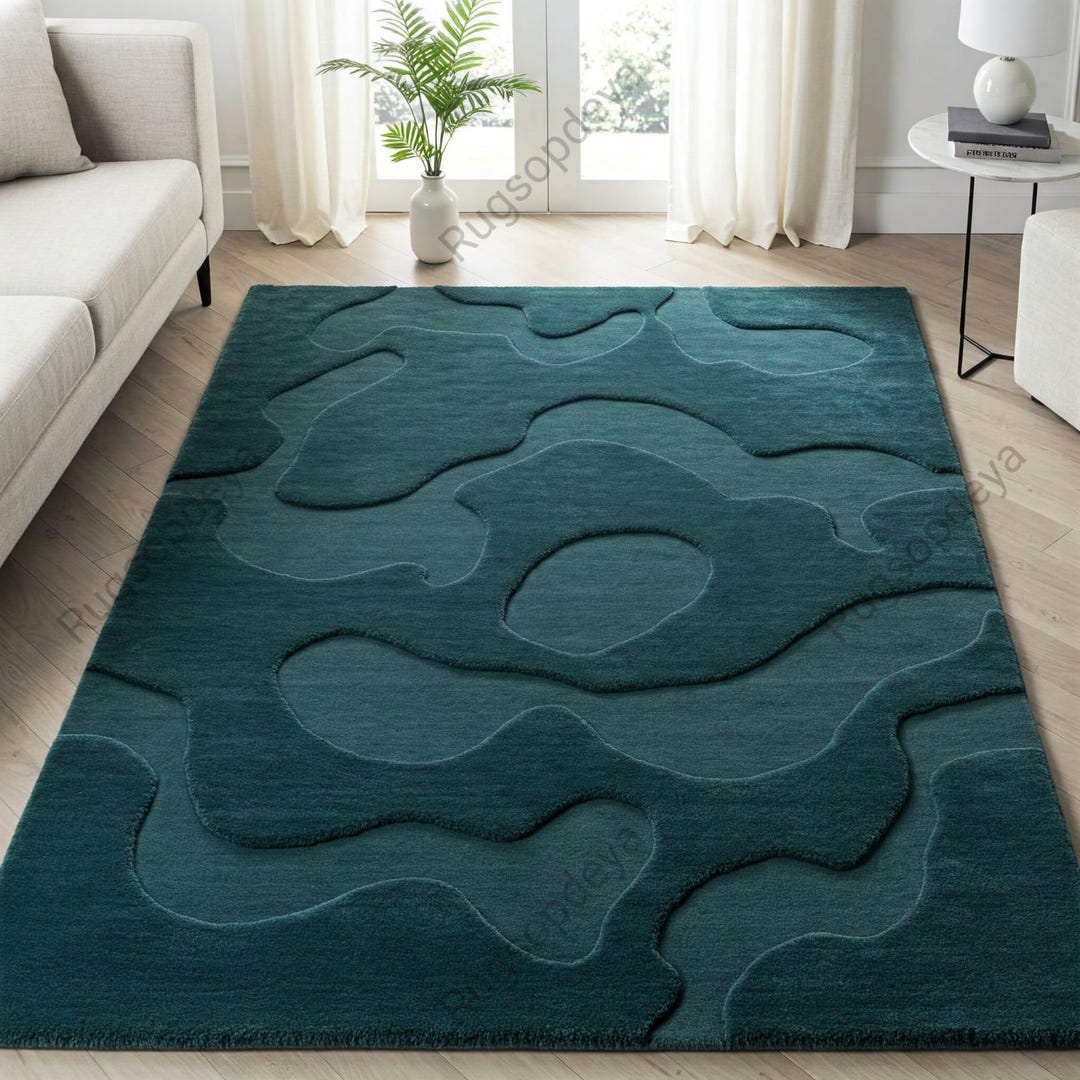 Teal Pattern Rug Texture Deep Teal Abstract Wool Rug, Hand Tufted Modern Textured Area Rug - Etsy