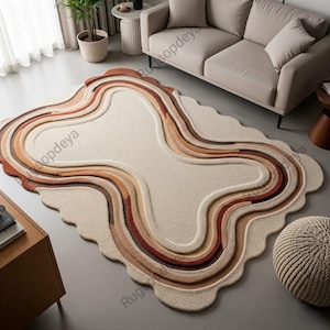 Beige Brown Irregular Abstract Hand Tufted Scalloped Edge Organic Design Rugs for Bedroom Living Room, Modern Sculptural 9x12 Wool Area Rug
