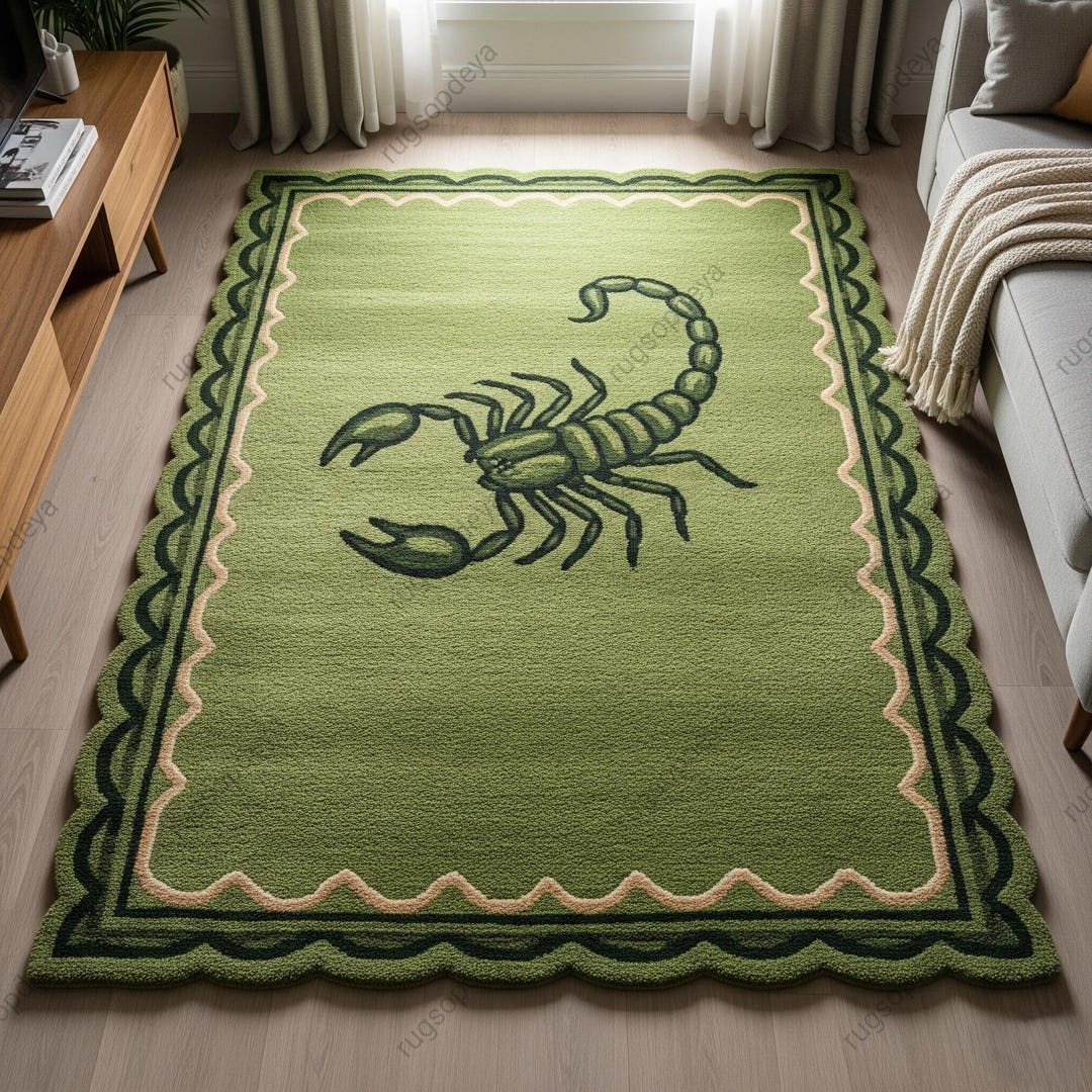 Vibrant Green Scorpion Hand Tufted Rug, Modern Scalloped Wool Area Rugs ...