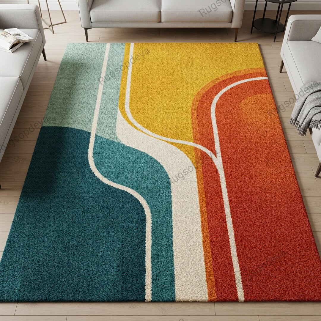 Colorful Old Rug Mid Century Retro Wool Rug, Hand Tufted Colorful Abstract Rugs for ...