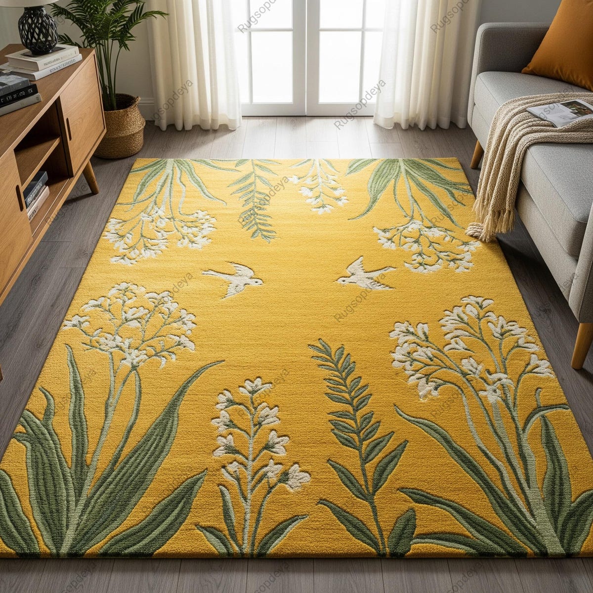 Yellow Green Botanical Wool Rug, Hand Tufted Floral Bird Rugs for Living Room