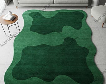 Alfombra de lana abstracta verde, moderna, con mechones irregulares hechos a mano, para sala de estar.