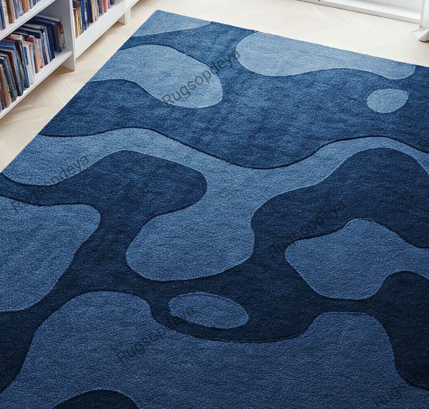 Blue Abstract Area Rug, Modern Hand Tufted Wave Pattern Rugs for Living ...
