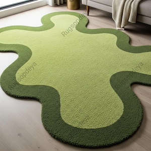Lime Forest Green Bordered Irregular Hand Tufted Wool Rugs For Bedroom, Modern Abstract Organic Shape Living Room Rug, Indoor Area Carpet