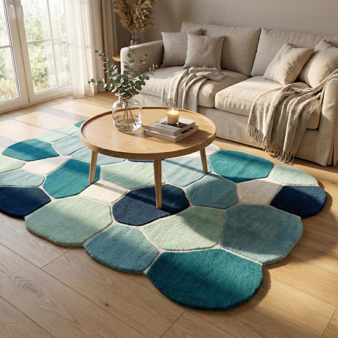 Buy Blue Pebble Wool Rug, Hand Tufted Abstract Minimalist Bedroom Area ...