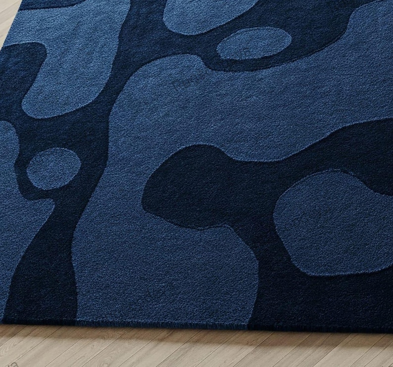 Blue Abstract Area Rug, Modern Hand Tufted Wave Pattern Rugs for Living ...