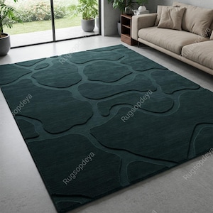 Modern Deep Teal Green Hand Tufted Abstract Organic Wool Rug for Bedroom, Custom Minimalist Stone Design 5x8 8x10 Area Living Room Rugs