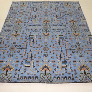 Hand Knotted Wool Area Rug: Blue Indian Style, Antique Contemporary