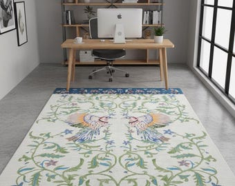Bird Floral Wool Rug, Hand Tufted Botanical Area Rug, Nature Inspired Artistic Carpet