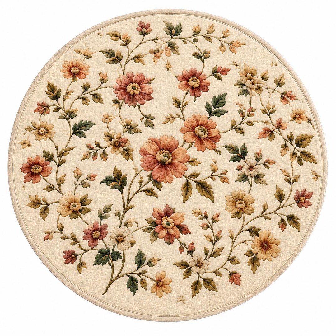 Hand Tufted Floral Round Rug •vintage Botanical Area Rug• Beige Green ...