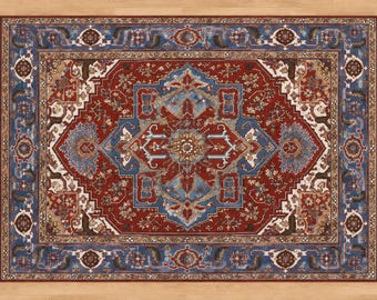 Hand Knotted Heriz Rug, Persian Style Wool Rug, Traditional Oriental Area Rug, Handmade Vintage Carpet, Red Blue Medallion Rug