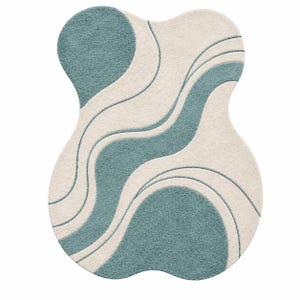 Abstract Sage Green Hand Tufted Rug | Organic Shape Area Rug | Modern Wave Wool Carpet
