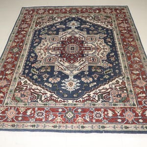 Hand Knotted Wool Area Rug: Blue Indian Style, Antique Contemporary