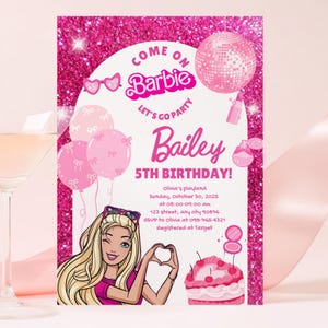 Editable "Besties" Fashion Pink Doll Sparkle Birthday Invitation | Pink Doll Glitter | Any Age Pink Princess Silhoutte Party Invite Instant