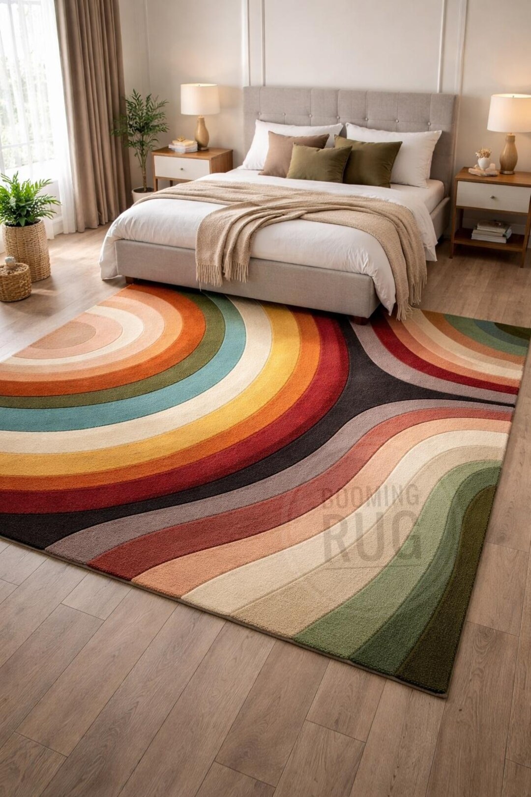 Rodwave Rug Rainbow Wave Area Rug, Retro Modern Wool Rug, Handmade Colourful ...
