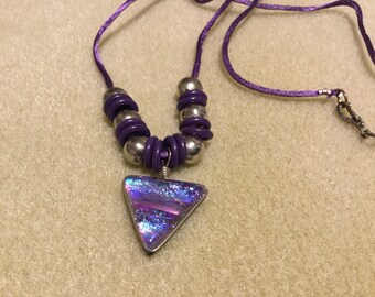 Purple Dichroic Glass Pendant with Sterling Silver Beads on 20” Silk Cord Necklace