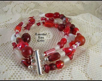 Red, White and Clear Beaded 3-Strand Bracelet