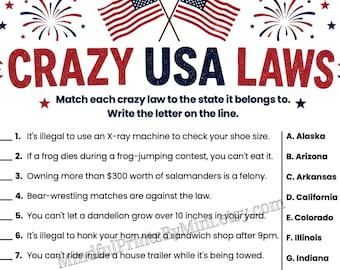 Juego de fiesta del 4 de julio, Trivia sobre leyes estatales extrañas, Actividad del 4 de julio para niños y adultos, Imprimible del Día de la Independencia, Juego del 4 de julio