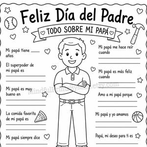 以下が含まれることがあります： Feliz Día del Padreと題された父の日の白黒アクティビティシート。腕を組んだ人物のイラストを中心に、スペイン語の質問、野球ボール、ハンマー、ピザ、バスケットボール、トロフィーの絵が描かれています。