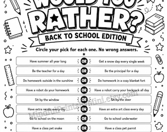 Would You Rather Back to School Edition Printable, First Day Icebreaker Game, Classroom Activity, Back to School Game for Kids