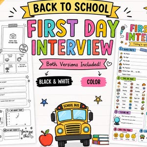 Puede incluir: Dos hojas imprimibles de entrevista para el primer día de clases, una en blanco y negro y otra a color. Cada hoja incluye secciones para datos rápidos, preguntas rápidas, opciones de elección, preguntas de entrevista y espacio para firma.
