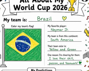 Todo sobre mi Mundial 2026: Hoja de trabajo imprimible, actividad de fútbol para niños, para completar, recuerdo para el aula.