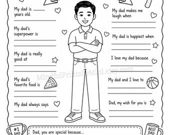 Imprimible para el Día del Padre: Todo sobre papá. Hoja de trabajo para niños, para colorear y guardar como recuerdo. Regalo de hijo o hija.