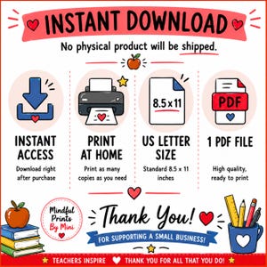 Puede incluir: Una infograf&iacute;a titulada INSTANT DOWNLOAD con iconos para acceso instant&aacute;neo, impresi&oacute;n en casa, tama&ntilde;o carta de EE. UU. de 8,5x11 pulgadas y un archivo PDF. Incluye ilustraciones de libros con una manzana, un portal&aacute;pices y el texto Thank You!
