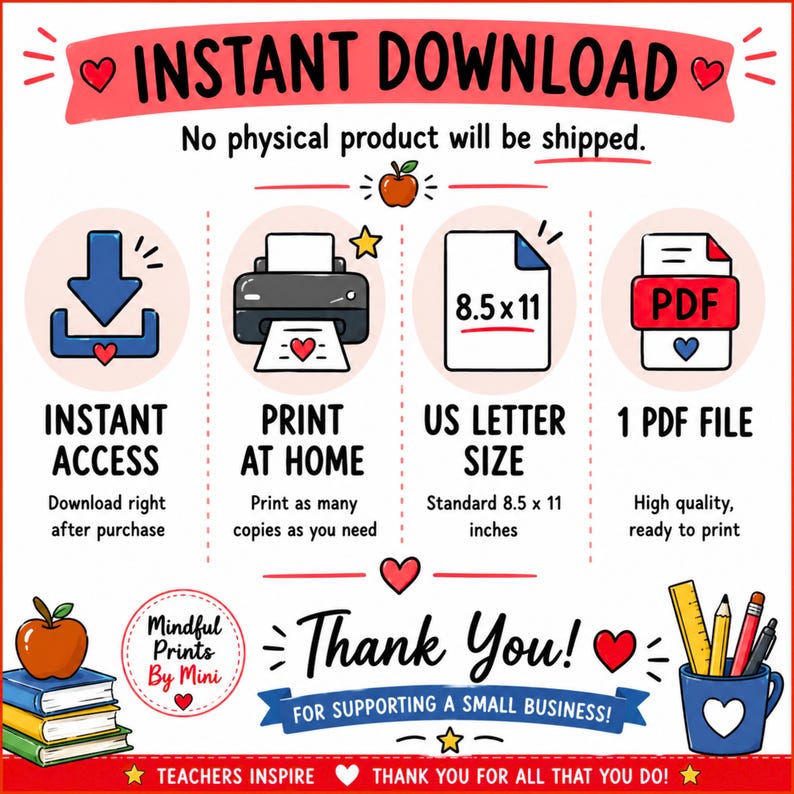 Puede incluir: Una infograf&iacute;a titulada INSTANT DOWNLOAD con iconos para acceso instant&aacute;neo, impresi&oacute;n en casa, tama&ntilde;o carta de EE. UU. de 8,5x11 pulgadas y un archivo PDF. Incluye ilustraciones de libros con una manzana, un portal&aacute;pices y el texto Thank You!