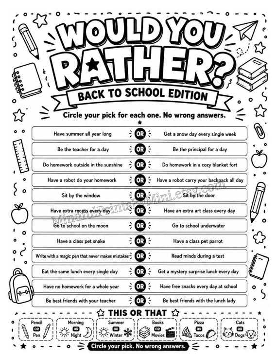 Would You Rather Back to School Edition Printable, First Day Icebreaker Game, Classroom Activity, Back to School Game for Kids
