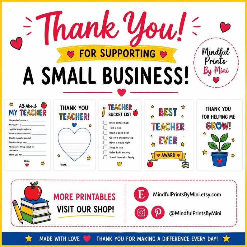 Puede incluir: Una tarjeta de agradecimiento digital para una peque&ntilde;a empresa con el texto Thank You For Supporting A Small Business y Mindful Prints By Mini. Muestra cinco plantillas imprimibles para maestros, una pila de libros con una manzana y enlaces.