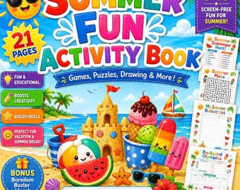 Libro de actividades de verano para niños / Paquete imprimible de 21 páginas / Frasco para combatir el aburrimiento, sopa de letras, búsqueda del tesoro, lista de deseos / Edades de 5 a 10 años