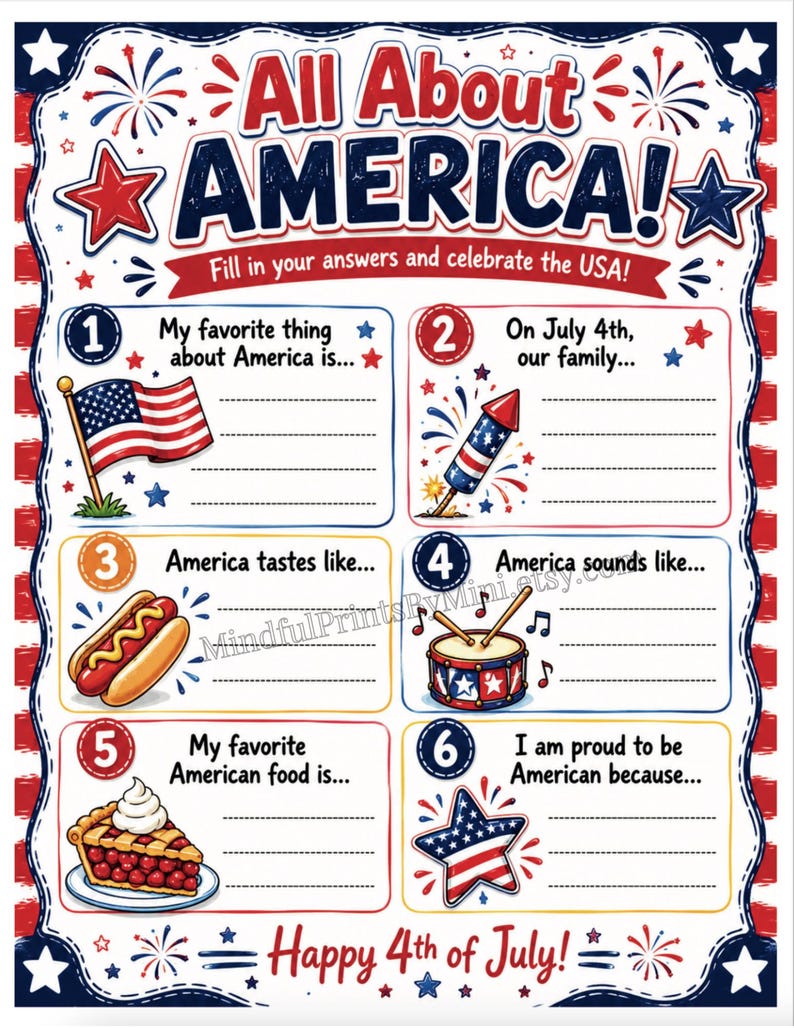 4th of July Printable Worksheet for Kids, All About America Fill in ...