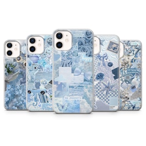 May include: Five phone cases with a blue collage design. Each case features a different arrangement of blue images, including flowers, clouds, and text. The cases are made of a clear material.