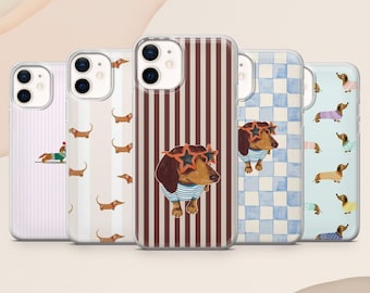 Dachshund Phone Case Sausage Dog Cute Stripped Beige for iPhone 17, 16E, 15, 14, 13, 12 Samsung S25, S24Fe, S23, A56, A15 Pixel 9A, 9Pro XL