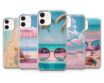 Tropischer Strand Handyhülle Pastell Küstenurlaub für iPhone 17, 16E, 15, 14, 13, Samsung S25, S24Fe, S23, A56, A15 Pixel 9A, 9Pro XL, 8Pro