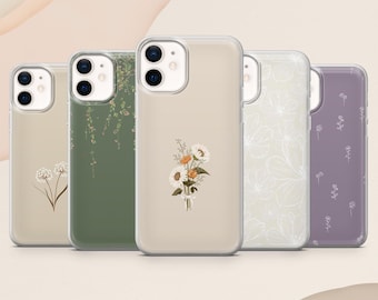 Floral Phone Case Minimalist Simple Elegant Beige for iPhone 17, 16E, 15, 14, 13 Samsung S25, S24Fe, S23, A56, A15 Pixel 9A, 9Pro XL, 8Pro
