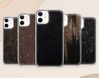 Glitter Phone Case Luxury Black Gold Chic Classy for iPhone 17, 16E, 15, 14, 13, Samsung S25, S24Fe, S23, A56, A15 Pixel 9A, 9Pro XL, 8Pro