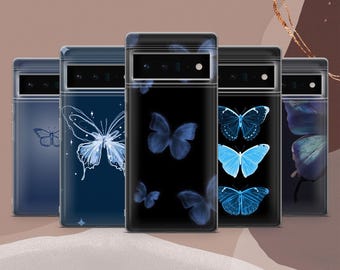 Blue Butterfly Phone Case Blue Aesthetic Black for Google Pixel 9A, 9Pro XL, 8A, 8Pro, 7A, 6A Samsung S25, S24, S23, A56 iPhone 17, 16, 15