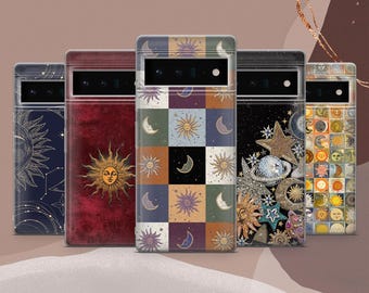 Funda de teléfono celestial Sol y Luna Astrología Boho para Google Pixel 9A, 9Pro XL, 8A, 8Pro, 7A, 6A Samsung S25, S24, S23, A56 iPhone 17, 16, 15