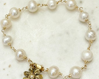 Freshwater Pearl Bracelet With Handmade Flower Charm