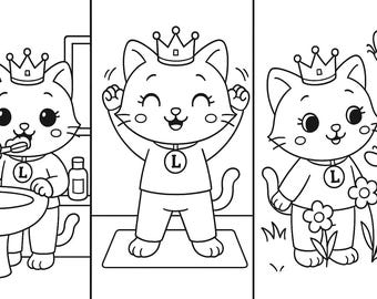 Può includere: Illustrazioni di cartoni animati in bianco e nero di un gatto con una corona. Il gatto è mostrato mentre si lava i denti, fa esercizio e sta vicino a fiori e farfalle. Il gatto indossa una maglietta con la lettera "L".